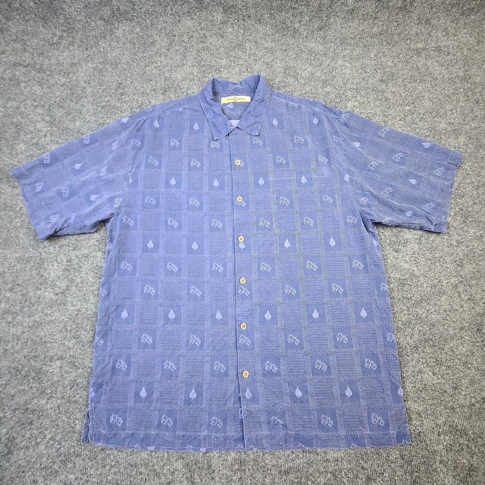 Tommy Bahama Mens Silk Casino Button Up Shirt Large Blue All Over Print Dice